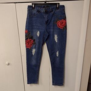 One 5 One Distressed Skinny Jeans Red Rose Embroidery sz 12 EUC